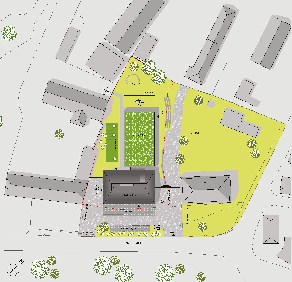 Lageplan der Grundschule im sächsischen Wermsdorf mit Neubau und Altbau auf dem großen Grundstück