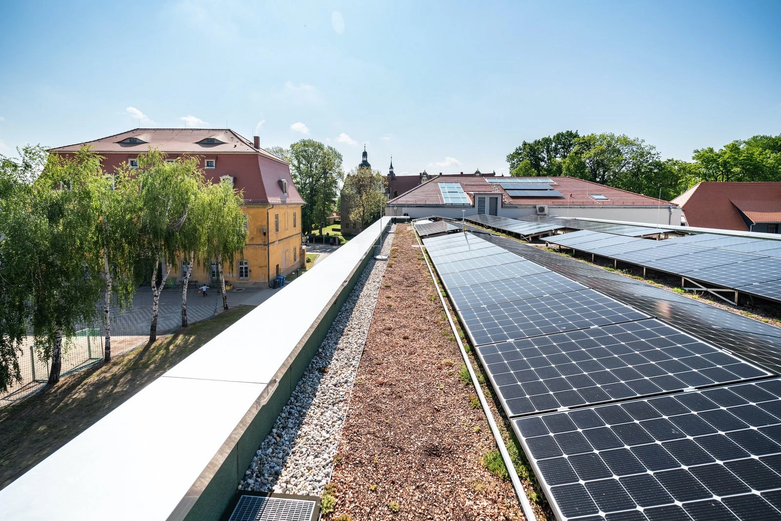 Die Photovoltaikanlage auf dem Gründach hilft beim Erreichen der Nullenergiehaus-Vorgaben.